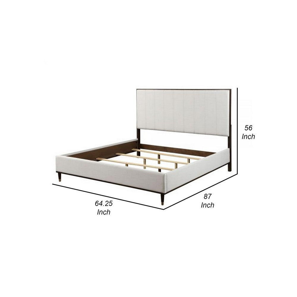 Benjara Aren Queen Bed, Light Gray Fabric Upholstery, Crisp White And Smooth Brown