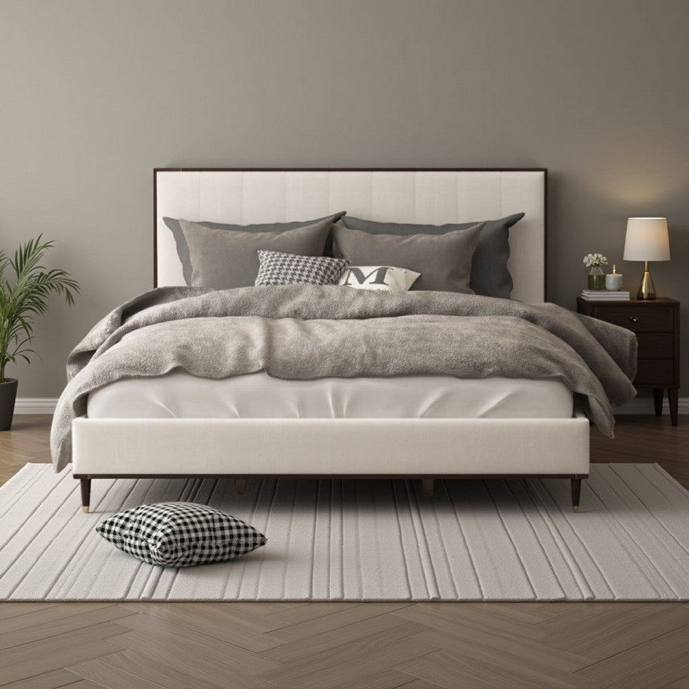 Benjara Aren Queen Bed, Light Gray Fabric Upholstery, Crisp White And Smooth Brown