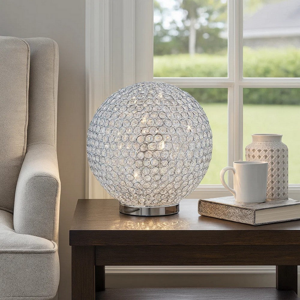 Benjara Hazel 17 Inch Table Lamp, Crystal, LED Globe Shade, Metal, Clear Finish