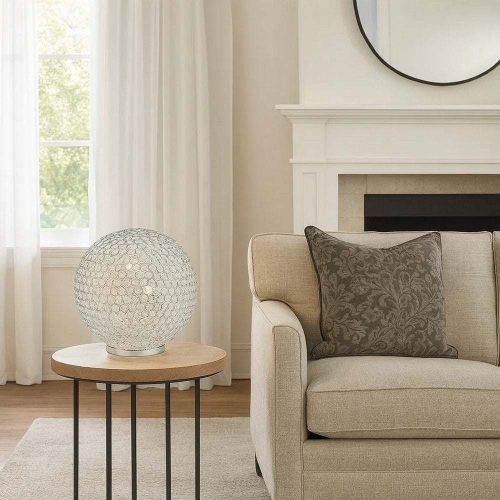 Benjara Hazel 17 Inch Table Lamp, Crystal, LED Globe Shade, Metal, Clear Finish
