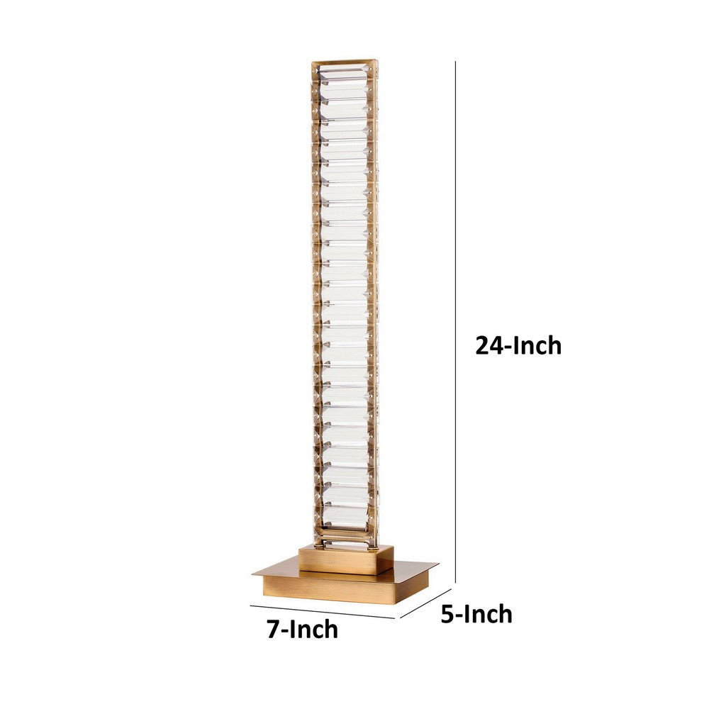 Benjara Lizy 24 Inch Tall, Thin Table Lamp, Crystal, LED Metal Frame, Antique Brass