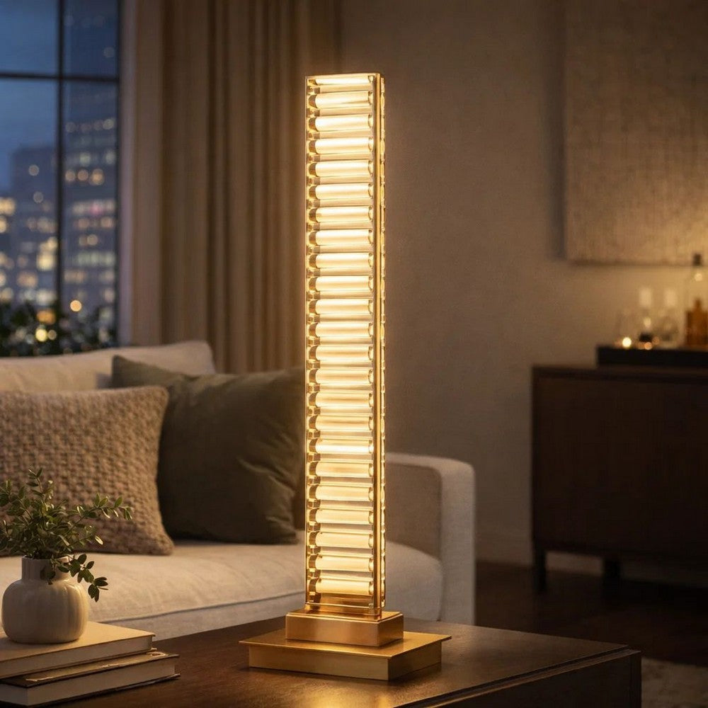 Benjara Lizy 24 Inch Tall, Thin Table Lamp, Crystal, LED Metal Frame, Antique Brass