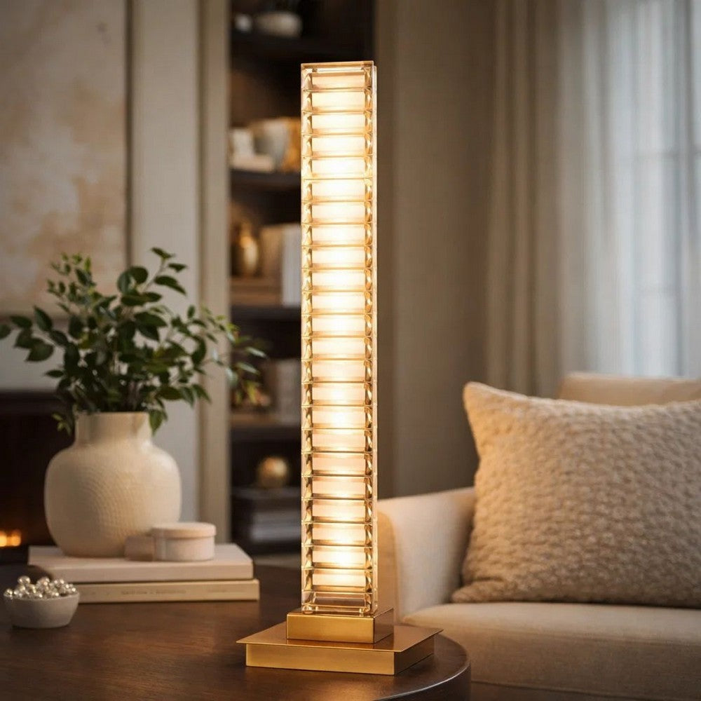 Benjara Lizy 24 Inch Tall, Thin Table Lamp, Crystal, LED Metal Frame, Antique Brass