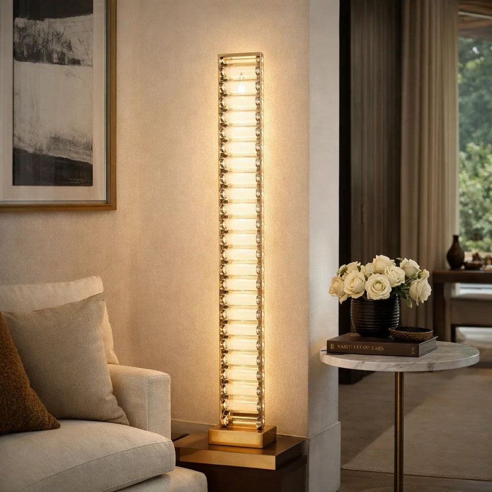 Benjara Lizy 24 Inch Tall, Thin Table Lamp, Crystal, LED Metal Frame, Antique Brass