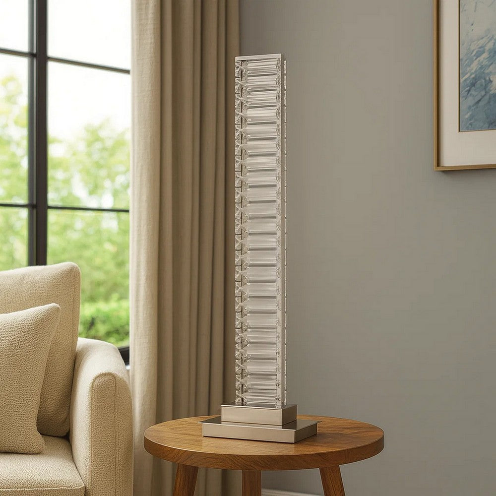 Benjara Lizy 24 Inch Table Lamp with Crystal, LED Metal Frame, Nickel Finish
