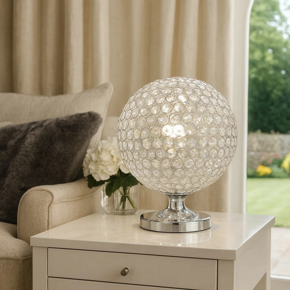 Benjara Hazel 13 Inch Table Lamp, Crystal, LED Globe Shade, Metal, Clear Finish
