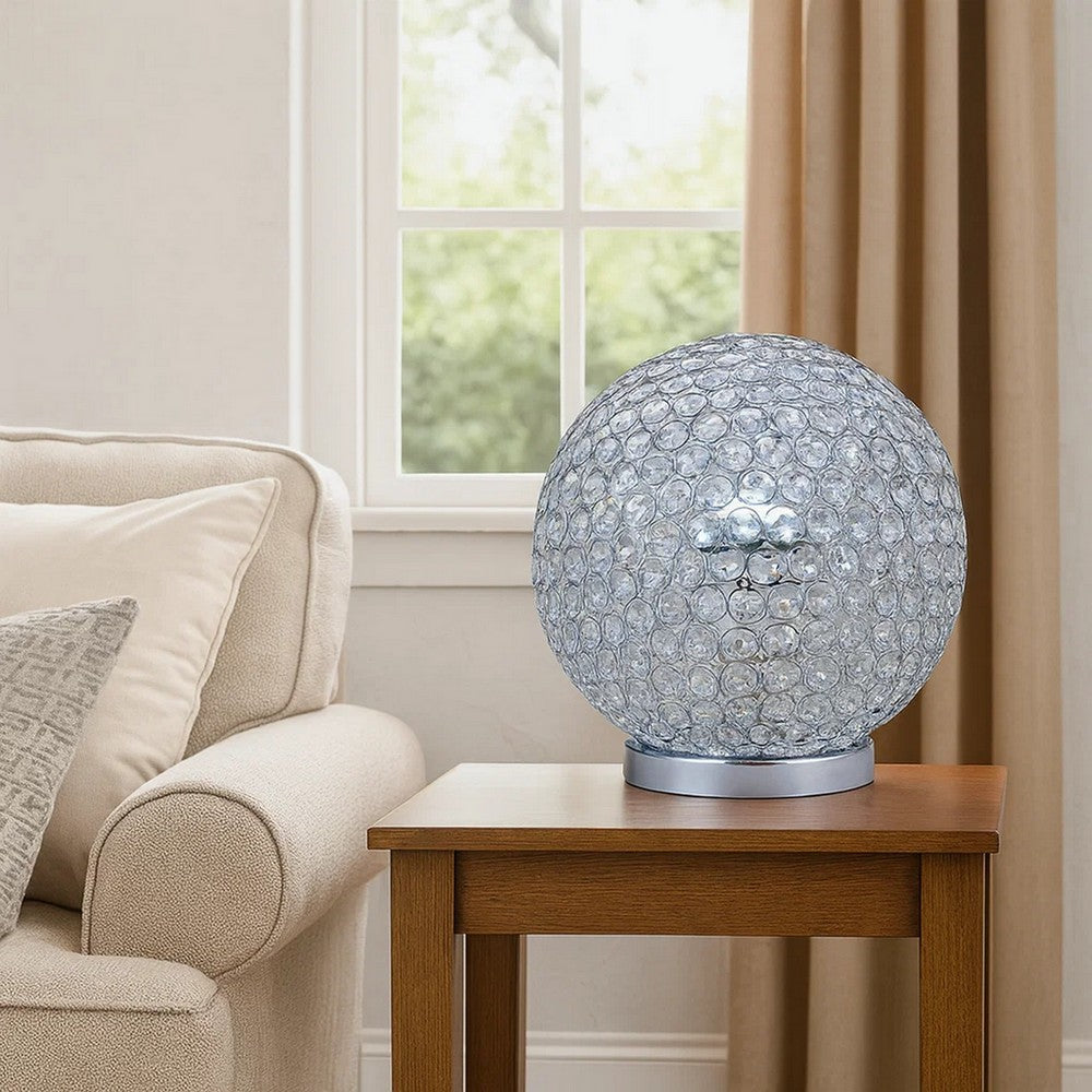 Benjara Hazel 13 Inch Table Lamp, Crystal, LED Globe Shade, Metal, Clear Finish