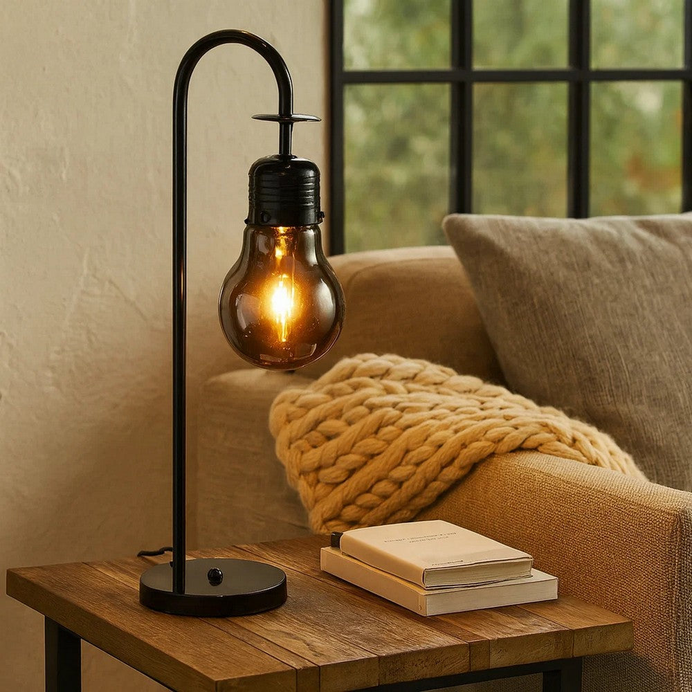 Benjara 30 Inch Arc Table Lamp, Glass Bulb Shaped Shade, Metal, Black Nickel