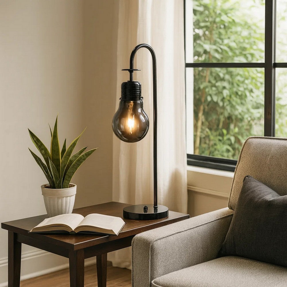 Benjara 30 Inch Arc Table Lamp, Glass Bulb Shaped Shade, Metal, Black Nickel