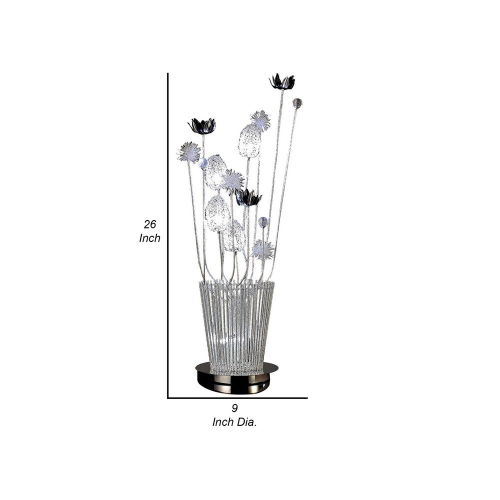 Benjara 26 Inch Accent Table Lamp, Flower Vase Design, Metal, Chrome Finish