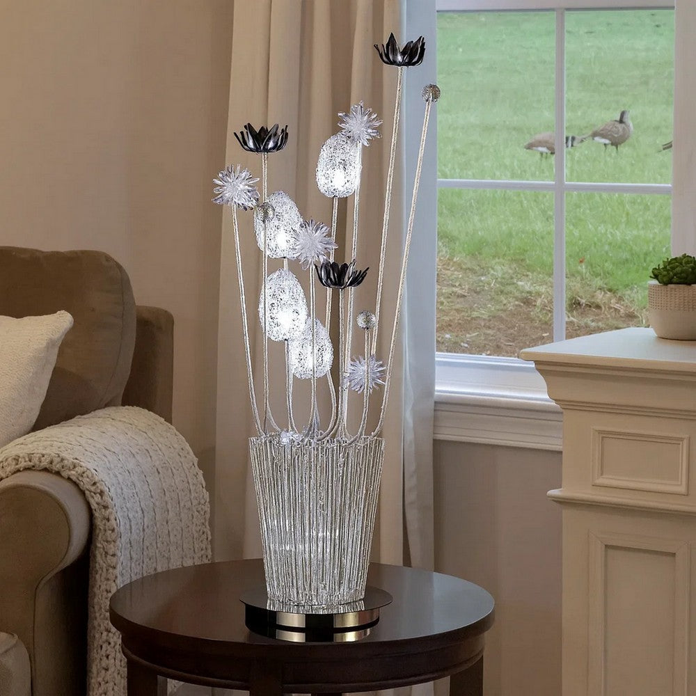 Benjara 26 Inch Accent Table Lamp, Flower Vase Design, Metal, Chrome Finish