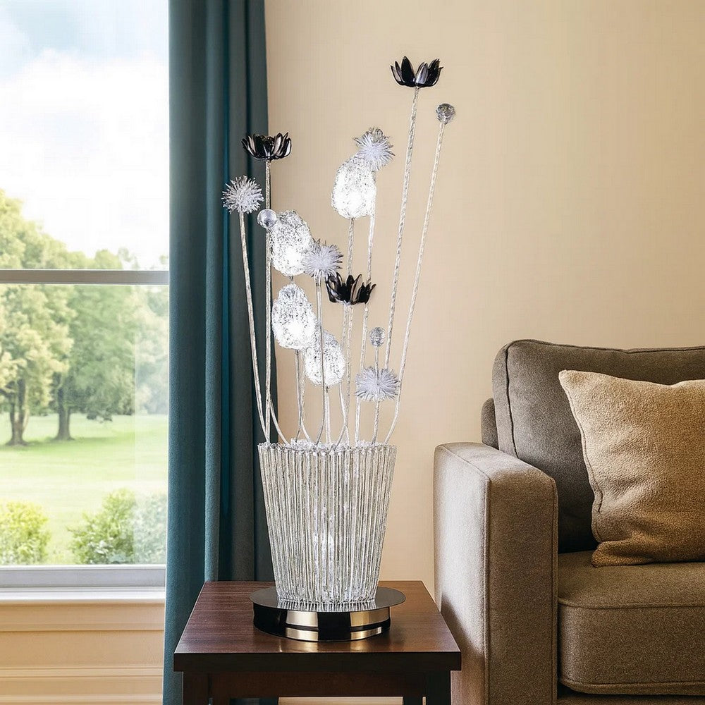 Benjara 26 Inch Accent Table Lamp, Flower Vase Design, Metal, Chrome Finish