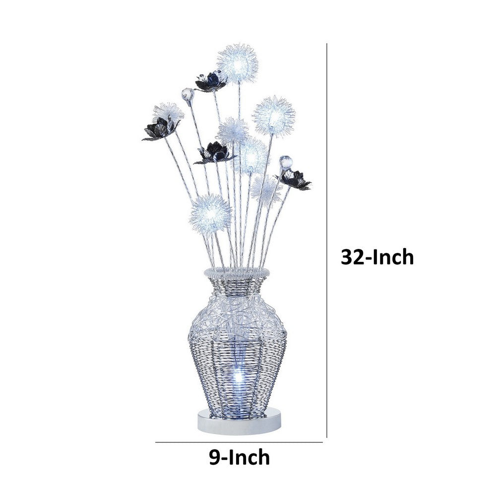 Benjara 32 Inch Accent Table Lamp, Metal Flowers with Vase Design, Chrome Finish