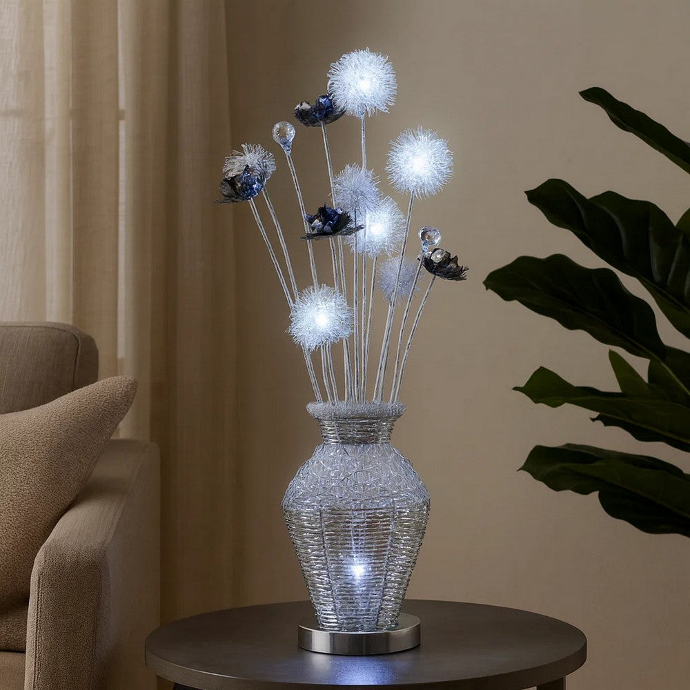 Benjara 32 Inch Accent Table Lamp, Metal Flowers with Vase Design, Chrome Finish