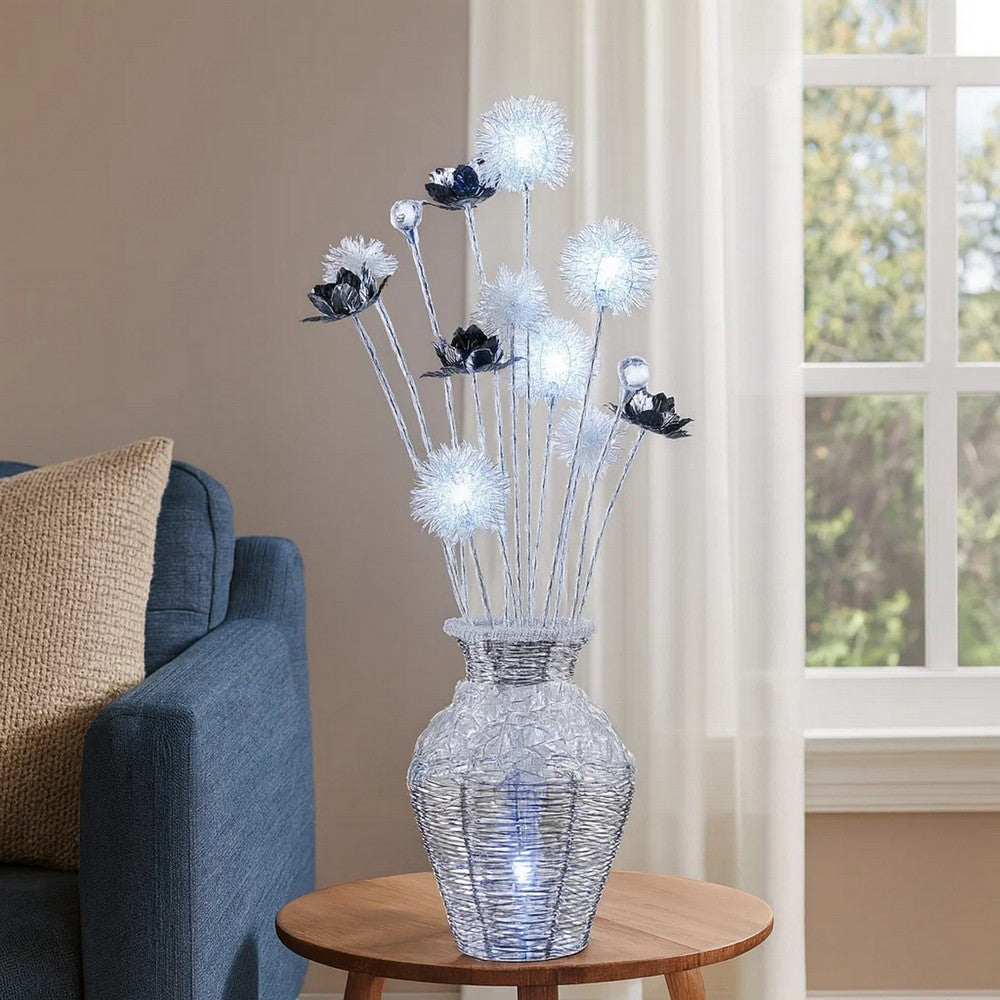 Benjara 32 Inch Accent Table Lamp, Metal Flowers with Vase Design, Chrome Finish
