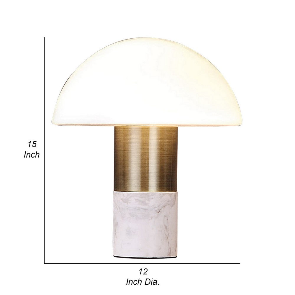 Benjara Lumina 15 Inch Table Lamp, Antique Brass Metal, Marble, Dome Shape, Gold
