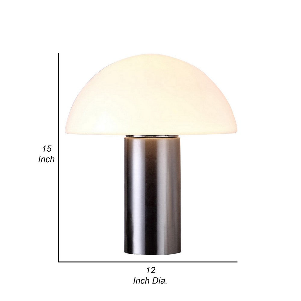 Benjara Lumina 15 Inch Table Lamp, Dome Shaped Shade, Slender Metal Stem, Silver