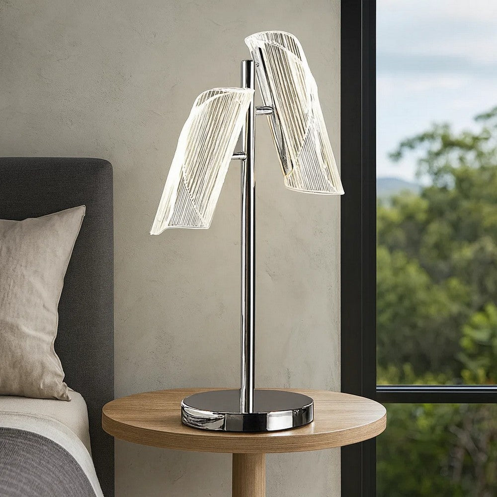 Benjara Spark 23 Inch Table Lamp, 2 Cylindrical Shades, Bright Nickel Silver Finish