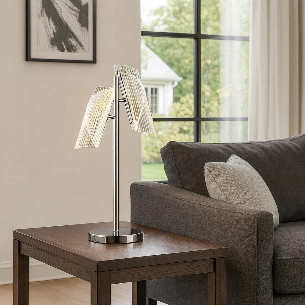 Benjara Spark 23 Inch Table Lamp, 2 Cylindrical Shades, Bright Nickel Silver Finish