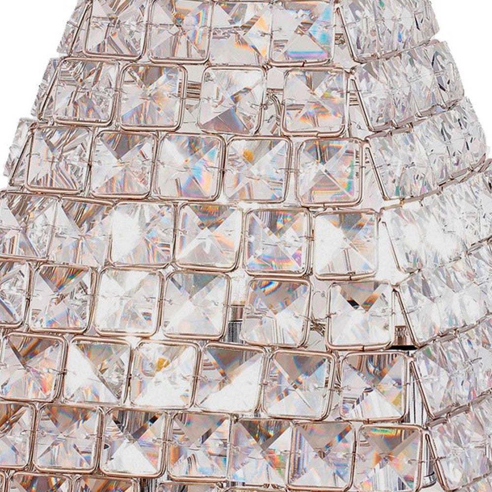 Benjara 14 Inch Table Lamp, Crystal Pyramid Shaped Frame, Stone Studded, Silver
