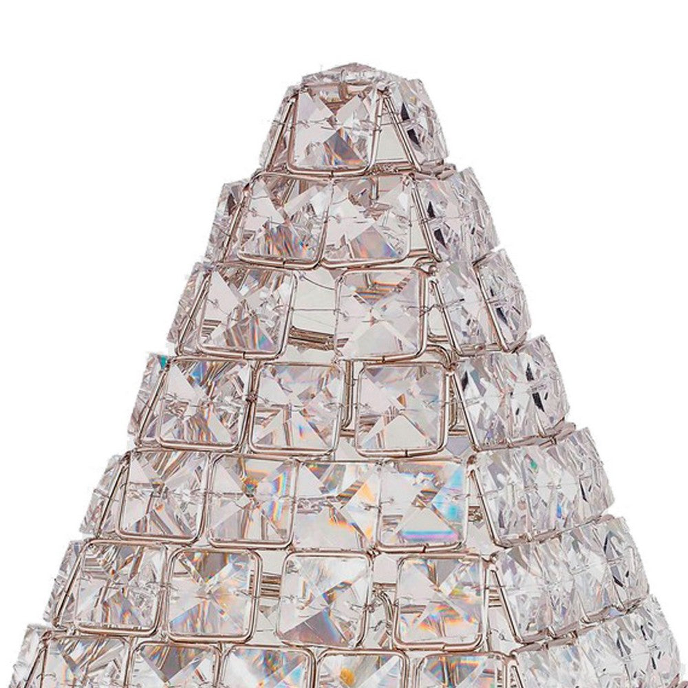 Benjara 14 Inch Table Lamp, Crystal Pyramid Shaped Frame, Stone Studded, Silver