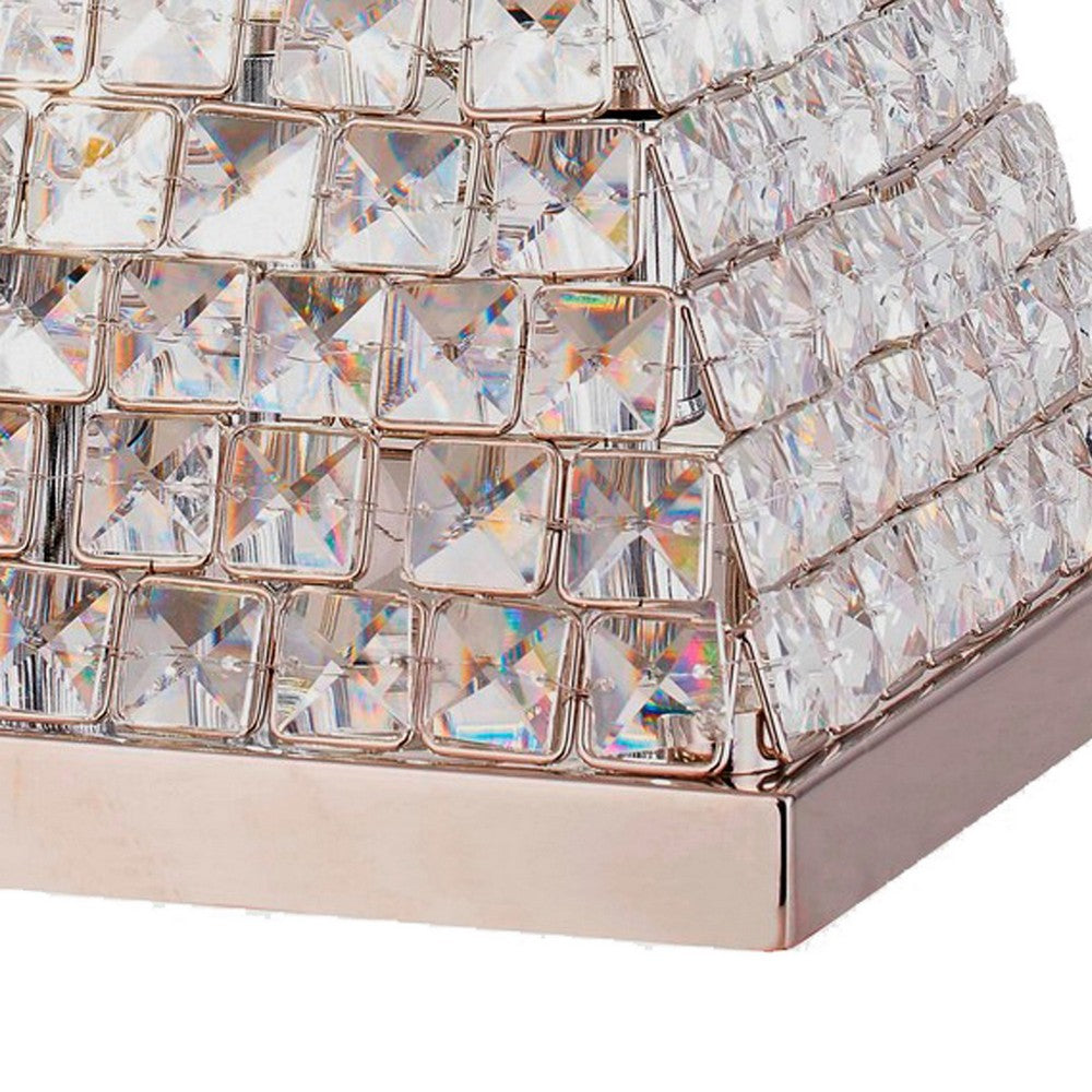 Benjara 14 Inch Table Lamp, Crystal Pyramid Shaped Frame, Stone Studded, Silver