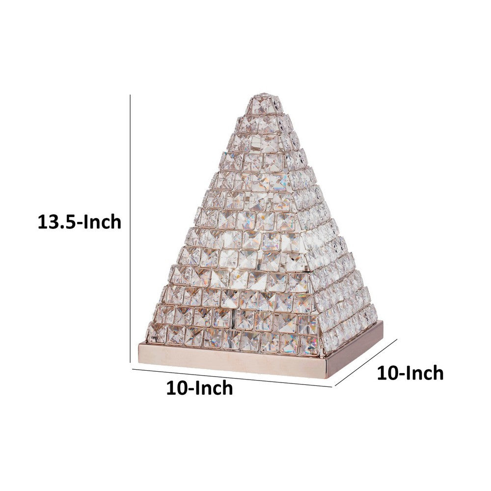 Benjara 14 Inch Table Lamp, Crystal Pyramid Shaped Frame, Stone Studded, Silver