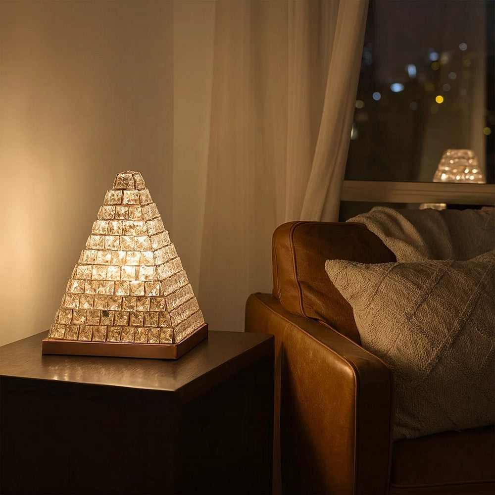 Benjara 14 Inch Table Lamp, Crystal Pyramid Shaped Frame, Stone Studded, Silver