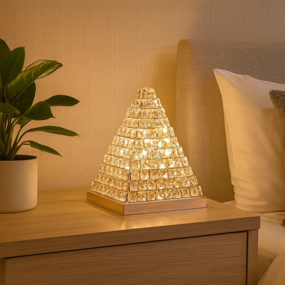 Benjara 14 Inch Table Lamp, Crystal Pyramid Shaped Frame, Stone Studded, Silver