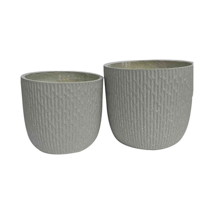 Benjara 14 Inch Planter Set of 2, Drum Shape, Engraved Design, Textured Green