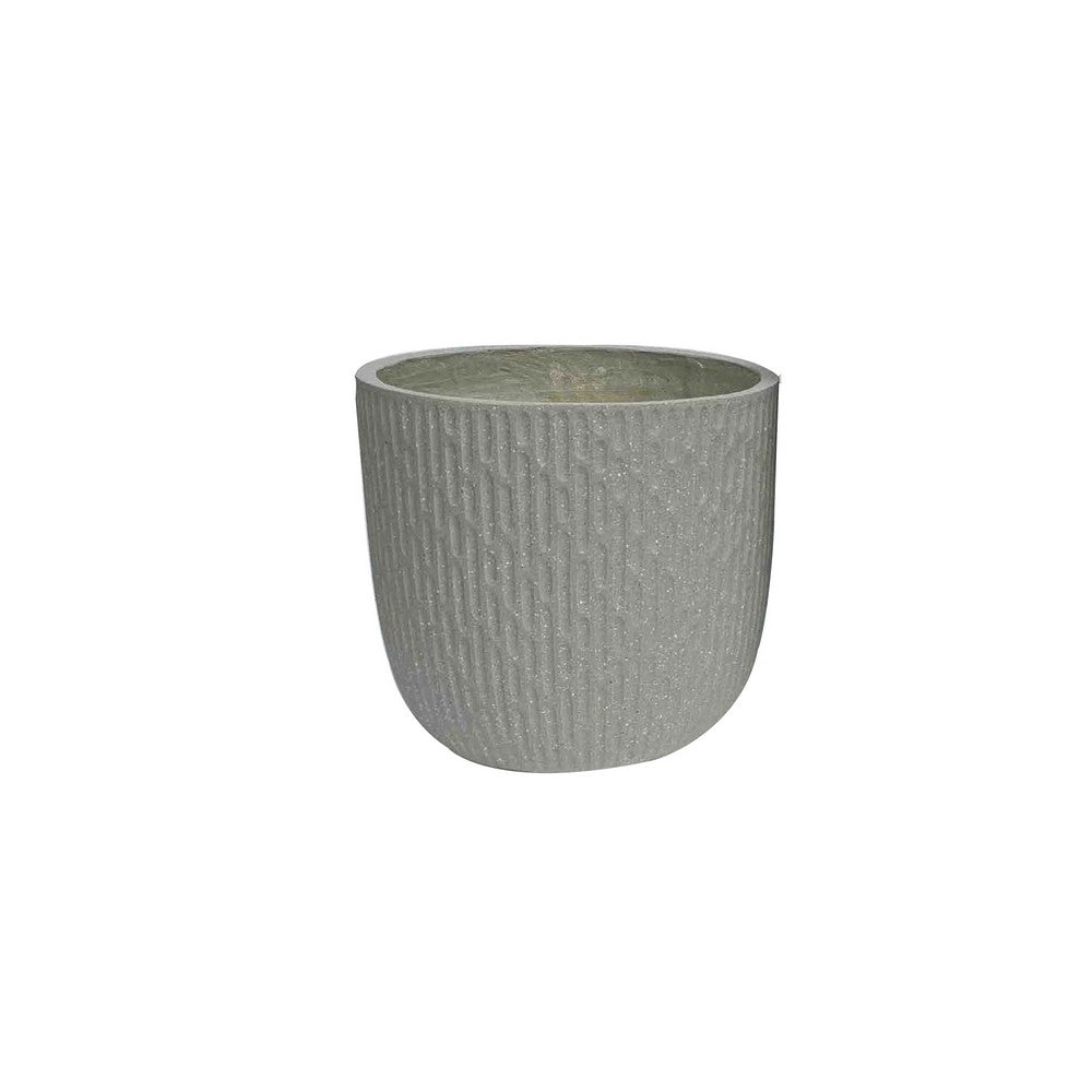 Benjara 14 Inch Planter Set of 2, Drum Shape, Engraved Design, Textured Green