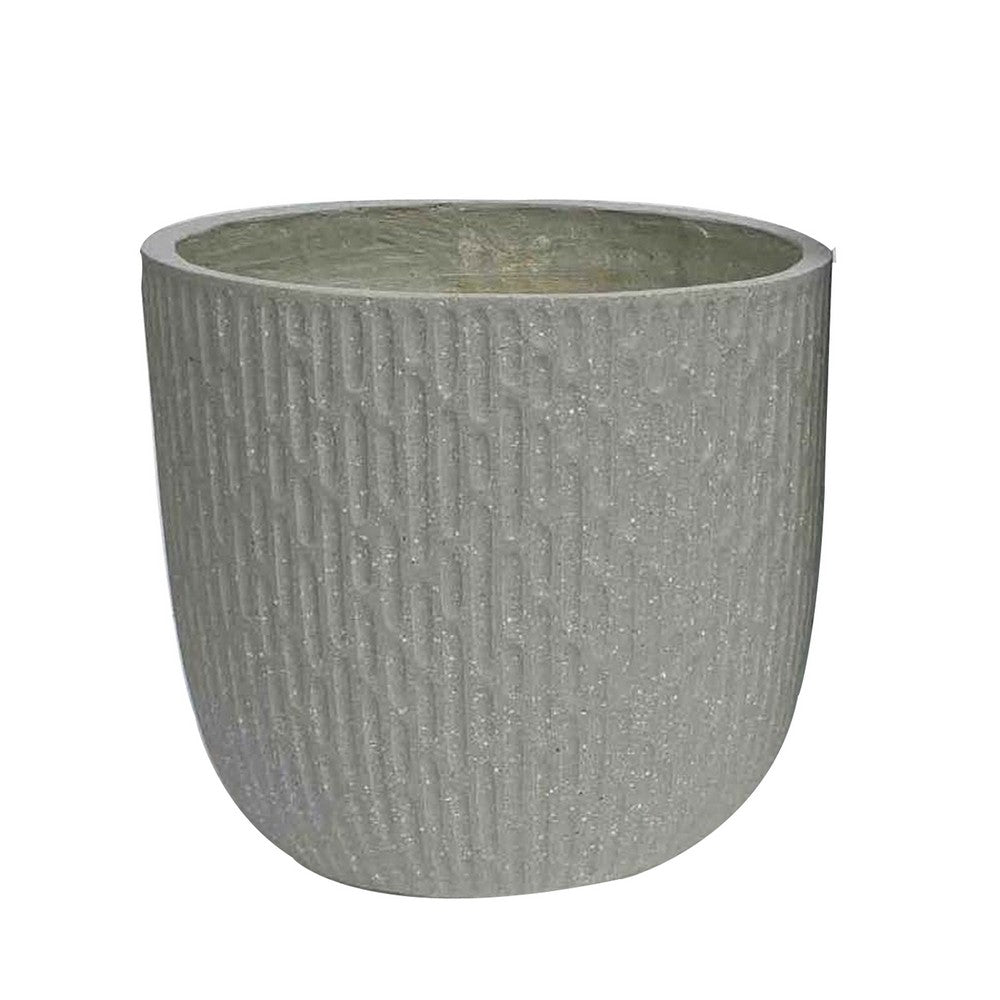 Benjara 14 Inch Planter Set of 2, Drum Shape, Engraved Design, Textured Green