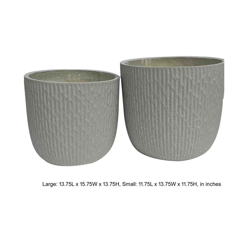 Benjara 14 Inch Planter Set of 2, Drum Shape, Engraved Design, Textured Green