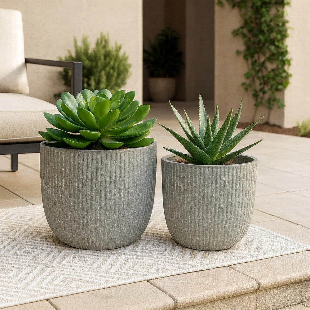 Benjara 14 Inch Planter Set of 2, Drum Shape, Engraved Design, Textured Green