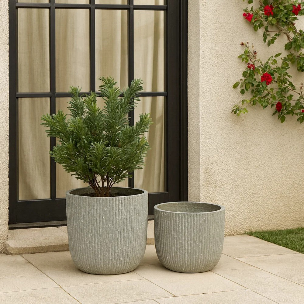 Benjara 14 Inch Planter Set of 2, Drum Shape, Engraved Design, Textured Green