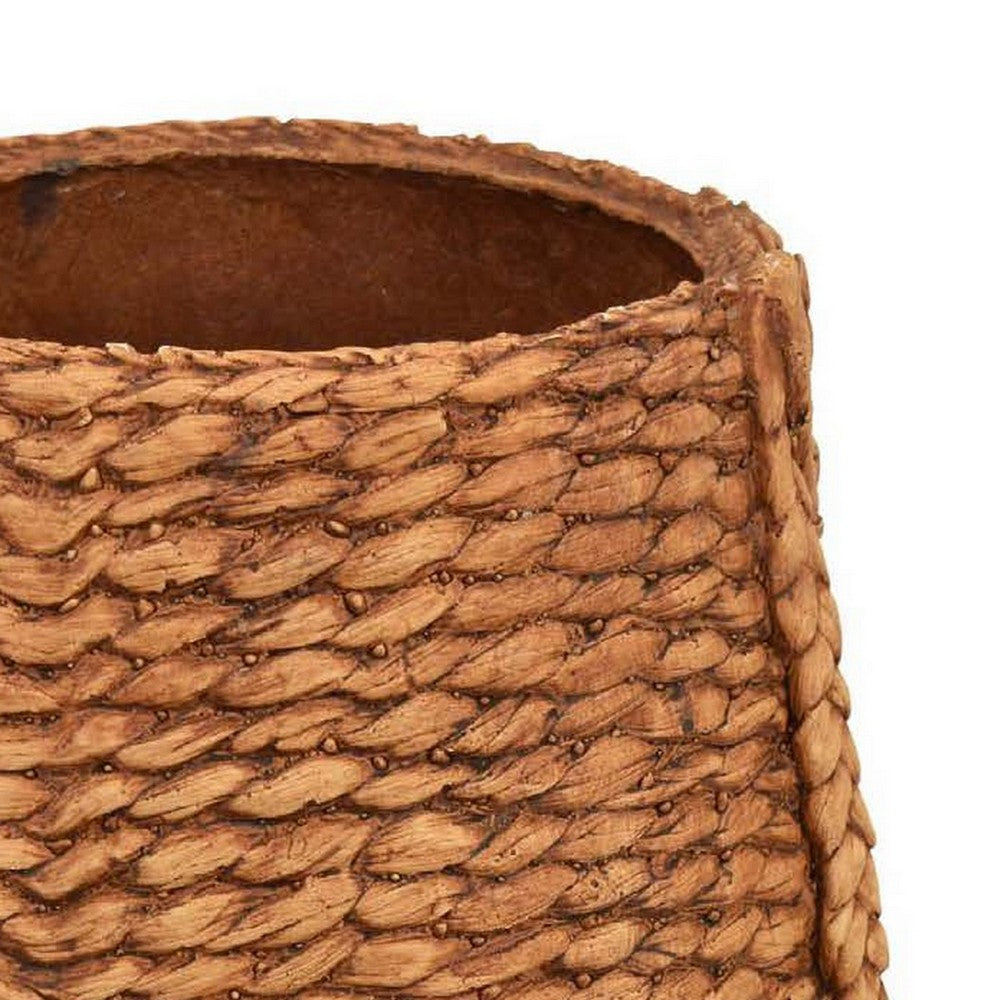 Benjara Reno 15 Inch Planter, Rope Woven Design, White And Brown Finished Resin
