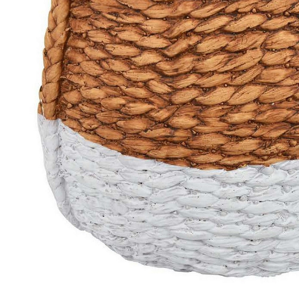 Benjara Reno 15 Inch Planter, Rope Woven Design, White And Brown Finished Resin