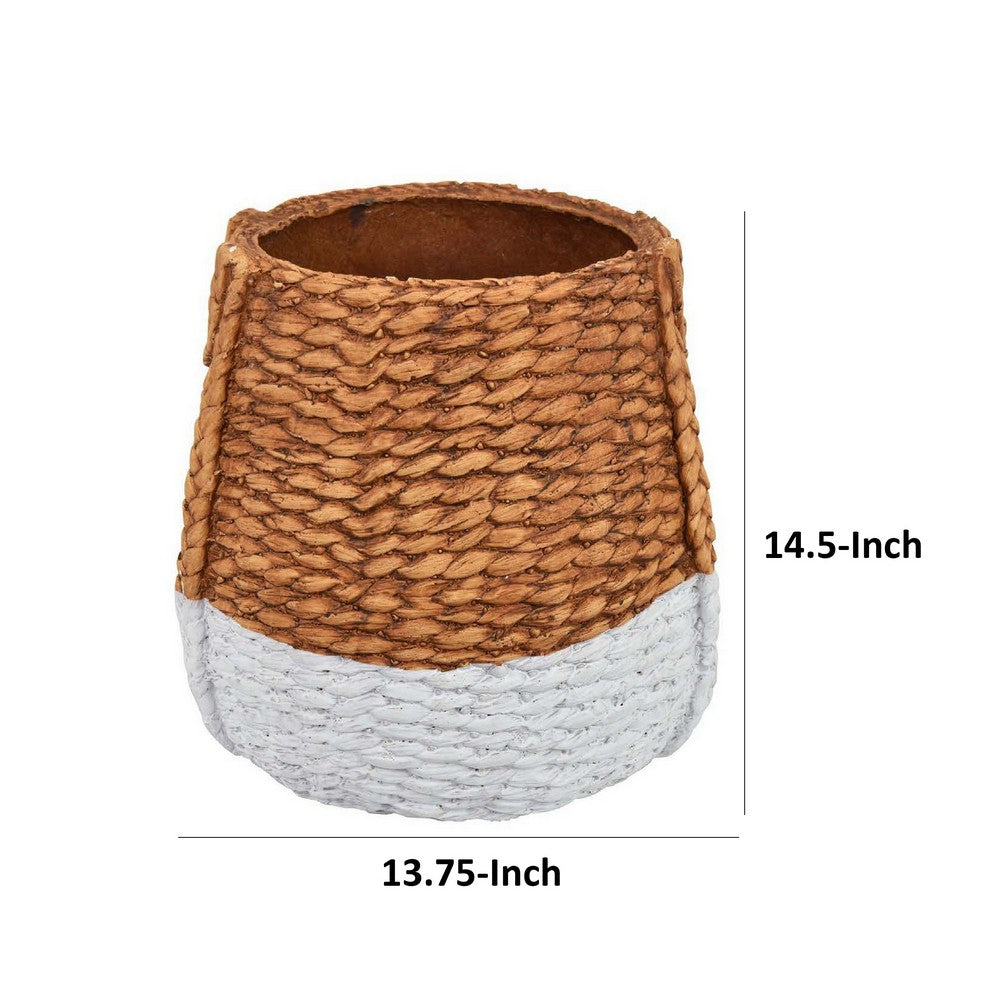 Benjara Reno 15 Inch Planter, Rope Woven Design, White And Brown Finished Resin