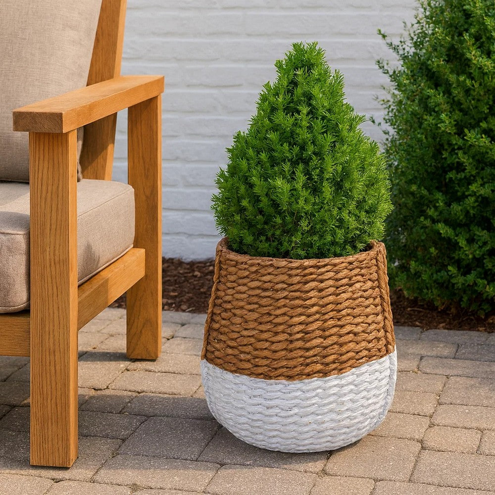 Benjara Reno 15 Inch Planter, Rope Woven Design, White And Brown Finished Resin