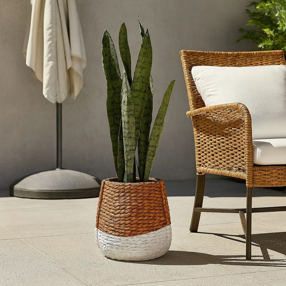 Benjara Reno 15 Inch Planter, Rope Woven Design, White And Brown Finished Resin