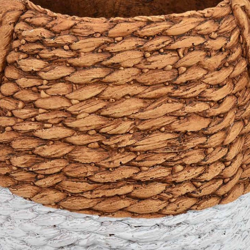 Benjara Reno 12 Inch Planter, Rope Woven Design, White And Brown Finished Resin