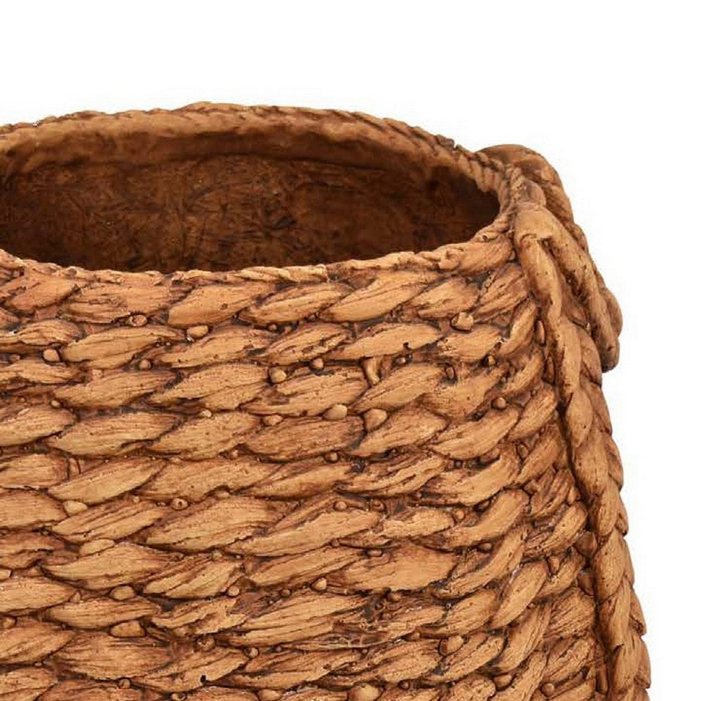 Benjara Reno 12 Inch Planter, Rope Woven Design, White And Brown Finished Resin