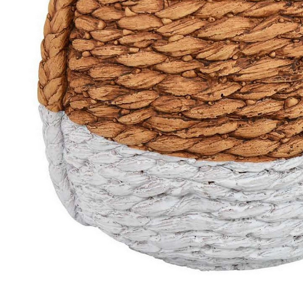 Benjara Reno 12 Inch Planter, Rope Woven Design, White And Brown Finished Resin