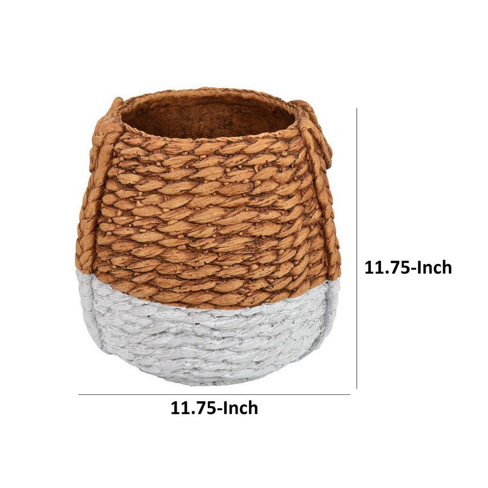 Benjara Reno 12 Inch Planter, Rope Woven Design, White And Brown Finished Resin