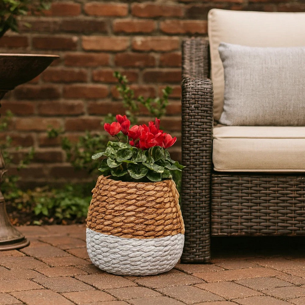 Benjara Reno 12 Inch Planter, Rope Woven Design, White And Brown Finished Resin