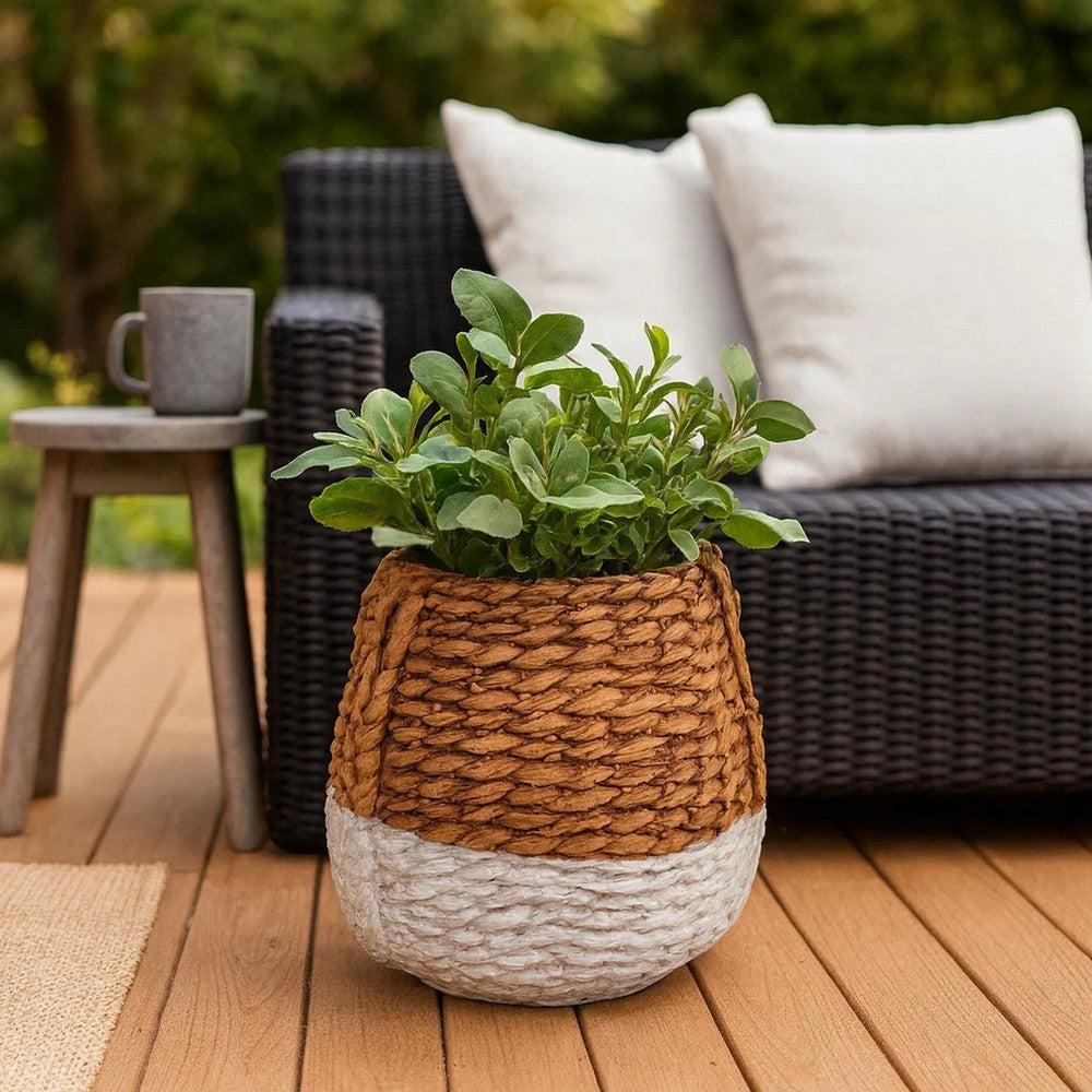 Benjara Reno 12 Inch Planter, Rope Woven Design, White And Brown Finished Resin