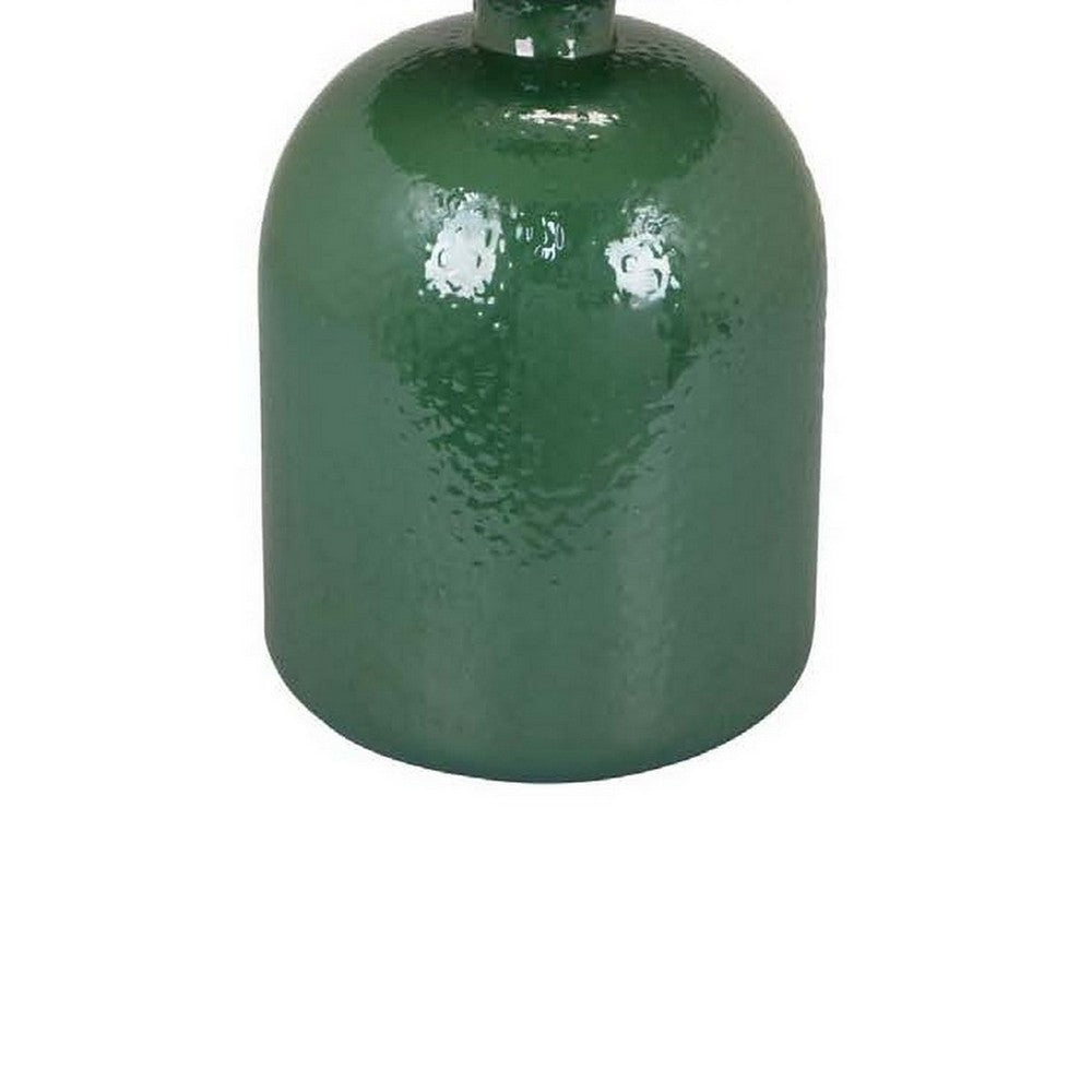 Benjara 27 Inch Table Lamp, Drum Shade, Round Drop Shaped Glass Body, Green Finish