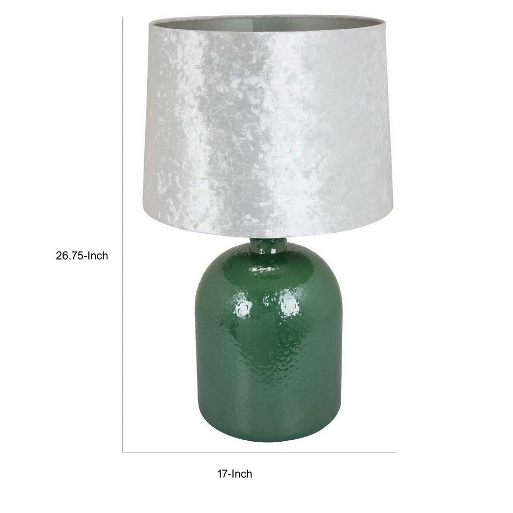 Benjara 27 Inch Table Lamp, Drum Shade, Round Drop Shaped Glass Body, Green Finish