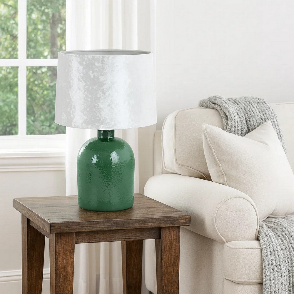Benjara 27 Inch Table Lamp, Drum Shade, Round Drop Shaped Glass Body, Green Finish
