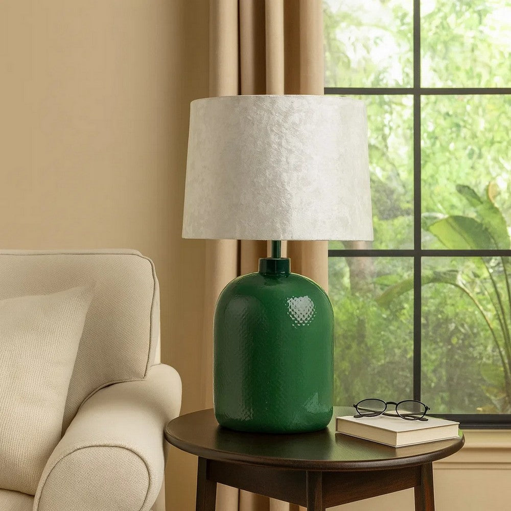 Benjara 27 Inch Table Lamp, Drum Shade, Round Drop Shaped Glass Body, Green Finish